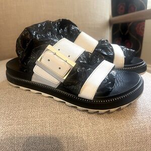 Sorel white leather slides with silver buckle size 8